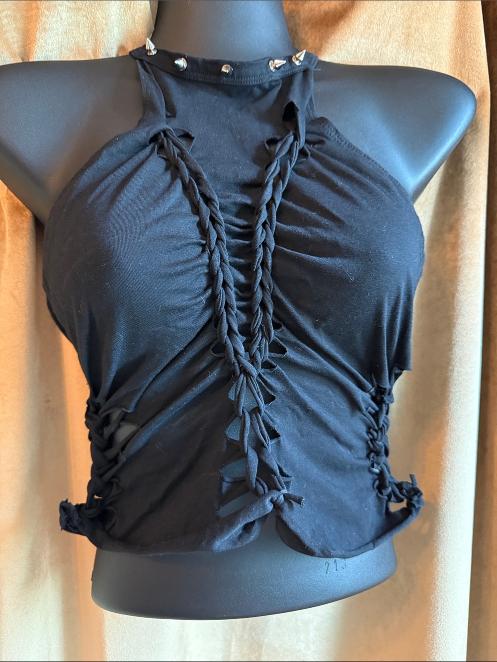 Black Braided Halter Tank Top with Studded Neckline Sz m goth